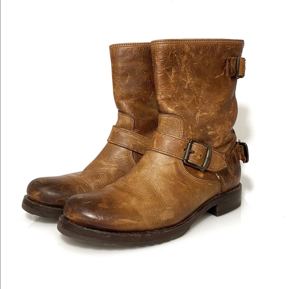 FRYE Veronica Back Zip Cognac Mid-Calf Boots, 7.5